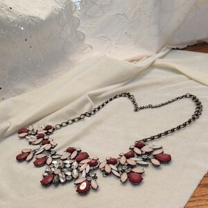 Unique Vintage Burgundy and Blush Crystal Bib Necklace